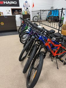 Row of bicycles in various colors lined up on showroom floor in bike shop