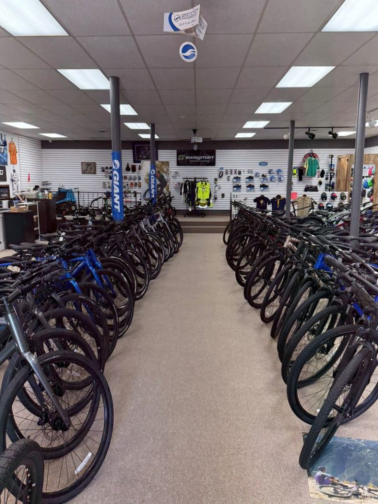 Rows of bicycles lined on both sides of showroom aisle in bicycle shop