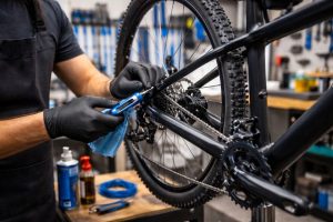 Mechanic performing bicycle tune-up by adjusting drivetrain and chain in repair shop